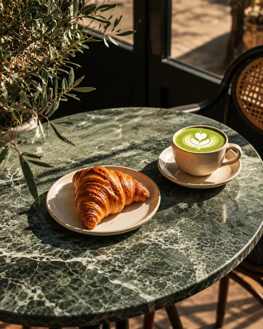Croissant and matcha latte on a café table