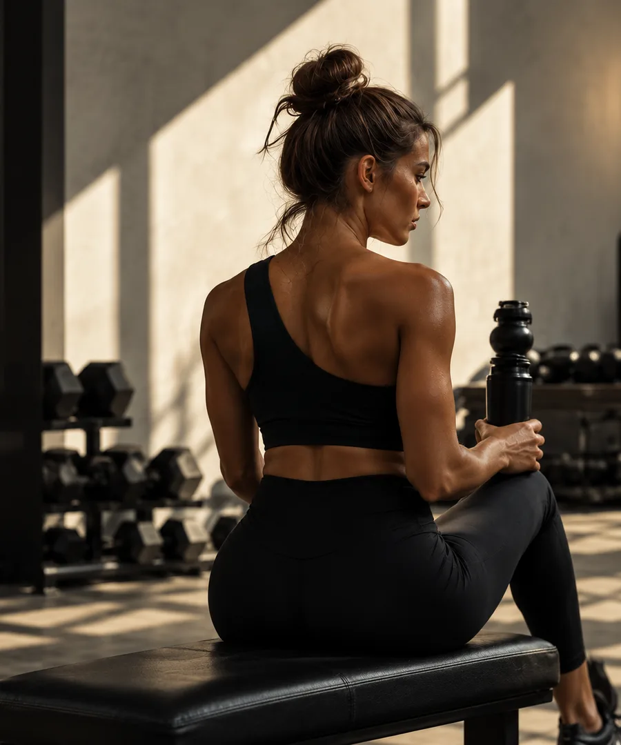 Woman sitting on a gym bench